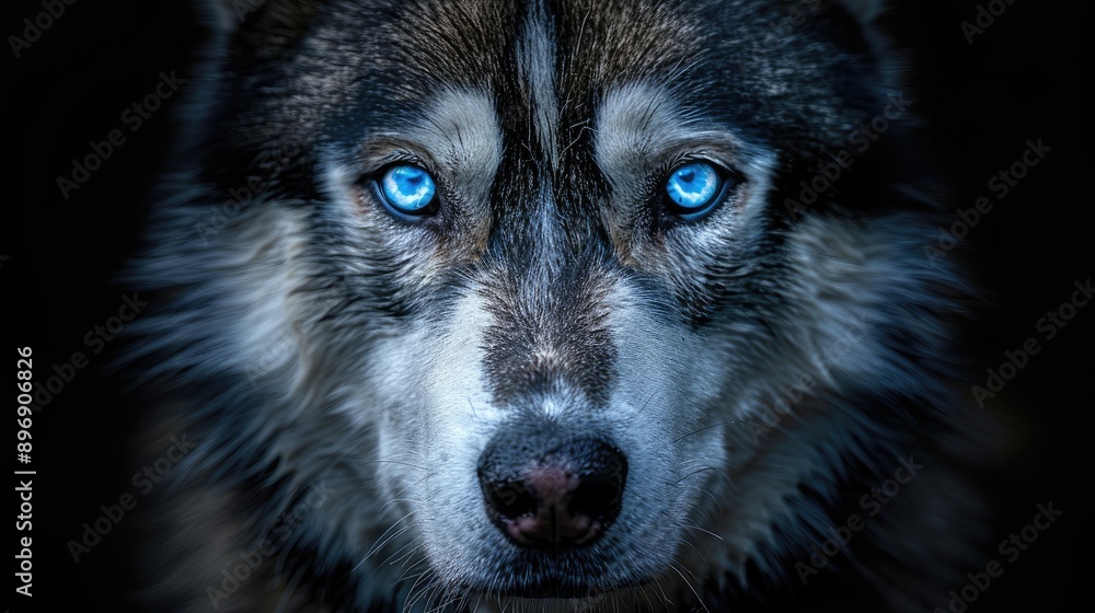 husky dog its eyes glowing blue and piercing through darkness. husky dog its eyes glowing blue and piercing through darkness.