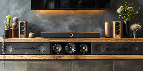 Wooden entertainment center featuring speakers and plants.