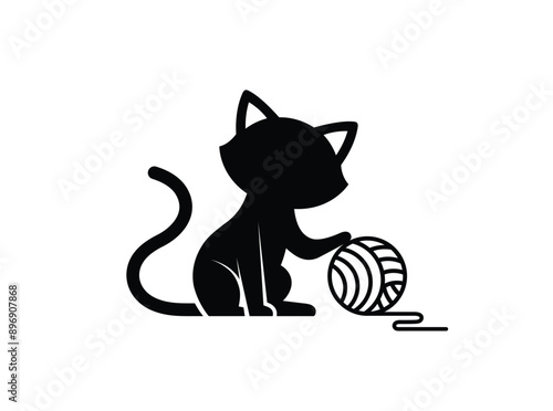 Black little kitten play with ball in paws logo vector icon symbol illustration