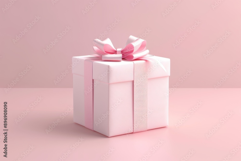 Fototapeta premium A clean 3D rendering of a wrapped gift box with a cute bow, shown in soft pastel colors, placed on a flat surface
