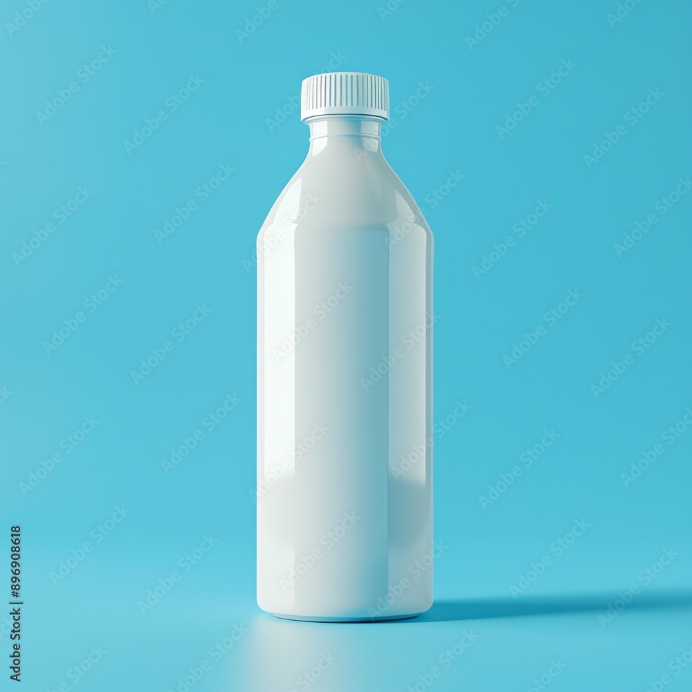 White bottle with cool drink, bright blue background, photo realistic, centered, crisp and clean composition White bottle with cool drink, bright blue background, photo realistic, centered, crisp and clean composition