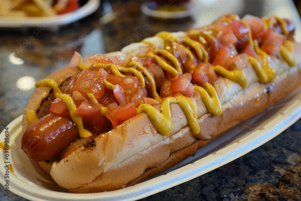 Delicious hot dog with mustard, ketchup, and onions on a fresh bun, ready to eat Delicious hot dog with mustard, ketchup, and onions on a fresh bun, ready to eat