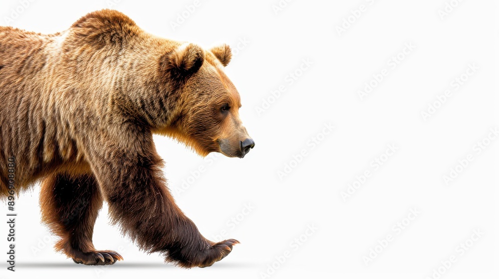 Obraz premium A majestic brown bear stands tall, showcasing its powerful form against a clean white backdrop, emphasizing its strength and beauty.