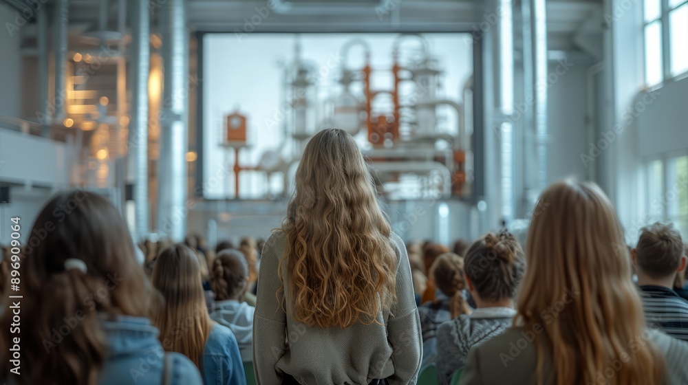 A woman with long blonde hair stands in a large, modern auditorium watching a presentation on a screen A woman with long blonde hair stands in a large, modern auditorium watching a presentation on a screen