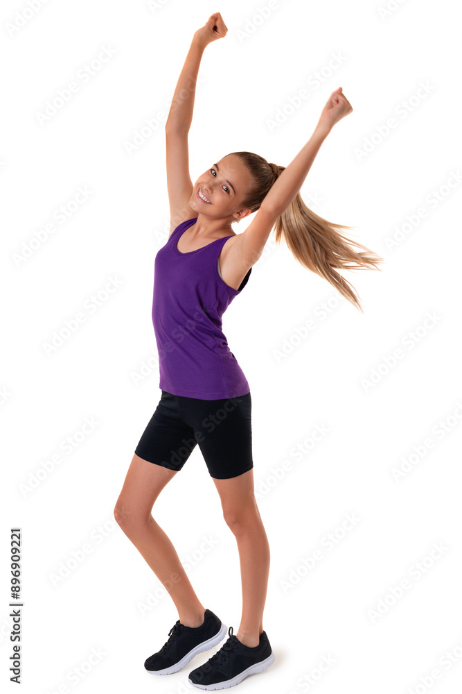 Healthy fitness cheerful girl in full length doing exercises with arms up. Isolated over white background Healthy fitness cheerful girl in full length doing exercises with arms up. Isolated over white background