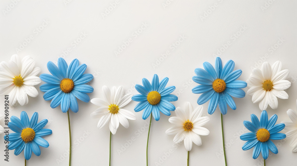 Obraz premium Elegant white and blue Daisy flower border frame on seamless white background for greeting cards or invitations.