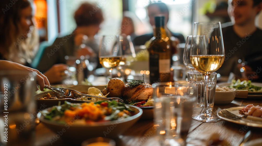 Closeup of a Dinner Table With Roasted Chicken and White Wine in a Warmly Lit Restaurant Closeup of a Dinner Table With Roasted Chicken and White Wine in a Warmly Lit Restaurant
