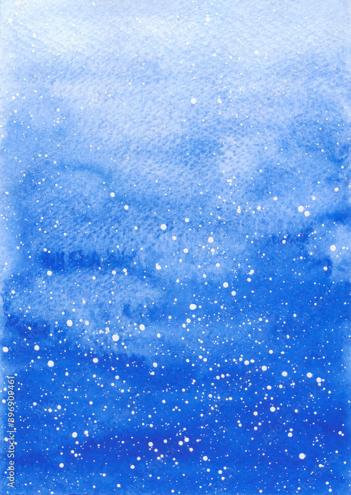Blue gradient abstract watercolor winter background with snow falling, hand-drawn illustration. An element for banners, wallpapers, designs with text, and Christmas holidays. Flying snowflakes. Blue gradient abstract watercolor winter background with snow falling, hand-drawn illustration. An element for banners, wallpapers, designs with text, and Christmas holidays. Flying snowflakes.