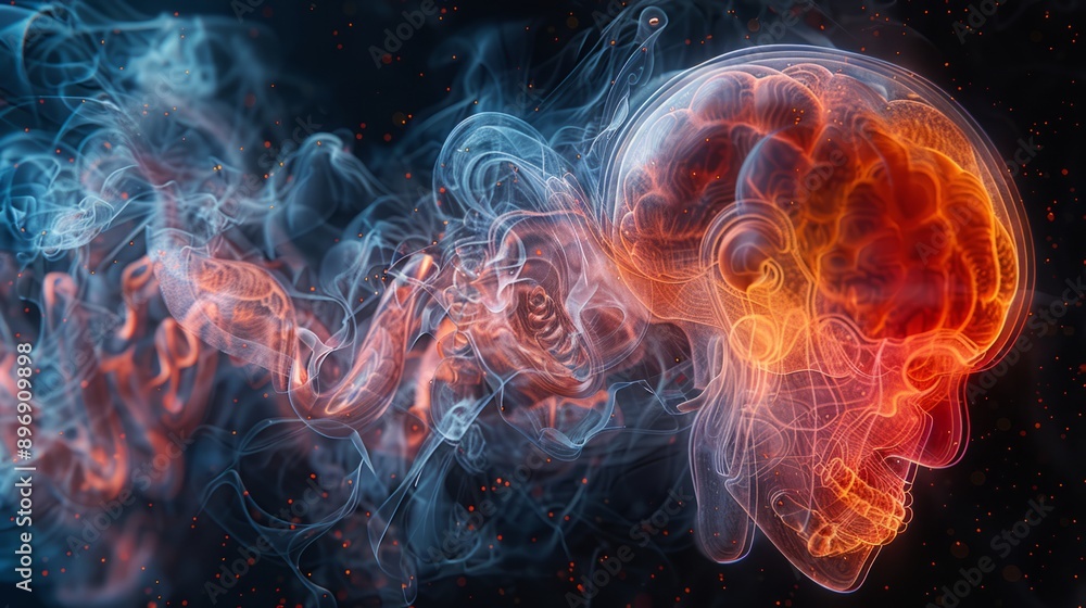 A digital illustration of a human skull with a glowing brain, with smoke swirling around it against a black background with red and blue hues A digital illustration of a human skull with a glowing brain, with smoke swirling around it against a black background with red and blue hues