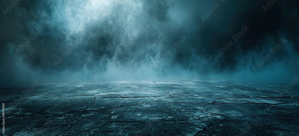 Fototapeta premium Dark Empty Background with Fog and Cracked Floor. Blue Light Illuminating the Scene. Ideal for Product Presentation, Banner, or Poster. Mysterious and Atmospheric Setting.