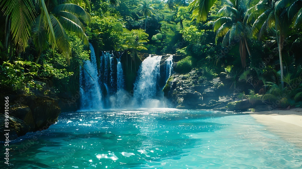 A serene waterfall flowing into a turquoise lagoon, with tropical palm trees and white sand around A serene waterfall flowing into a turquoise lagoon, with tropical palm trees and white sand around
