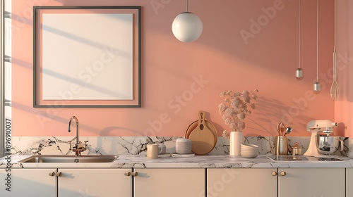 Elegant kitchen with a soft apricot color scheme, blank mockup frame on the wall, marble countertops, and stylish fixtures.