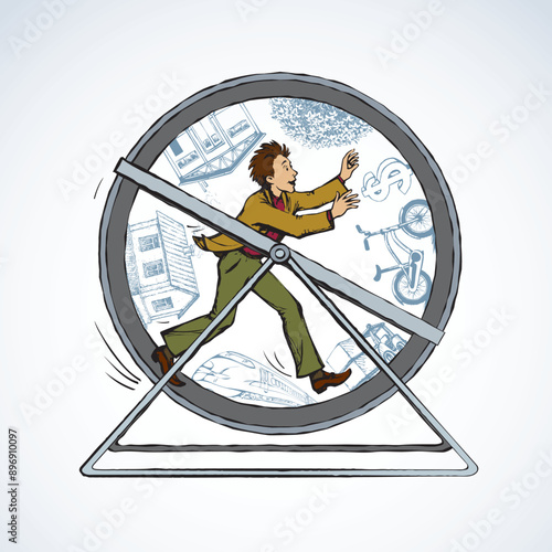 Man running in a running wheel. Vector icon