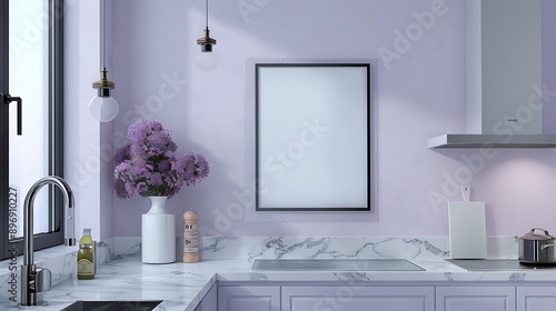 Elegant kitchen with a soft lavender color scheme, blank mockup frame on the wall, marble countertops, and stylish fixtures.