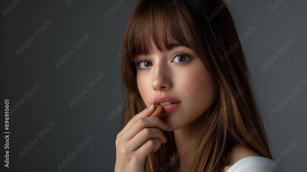 Young Woman With Brown Hair Eating a Cookie in a Studio Setting Young Woman With Brown Hair Eating a Cookie in a Studio Setting