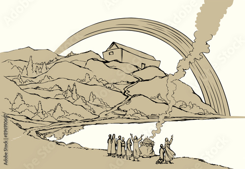 Vector drawing. Noah Offers a Sacrifice to God