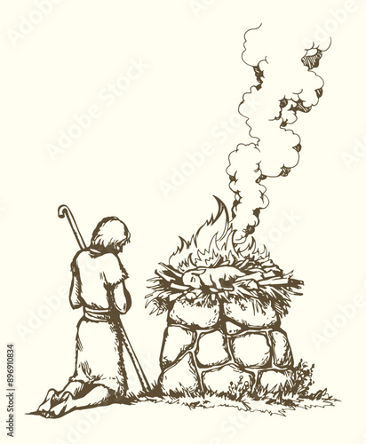 Vector drawing. Man Offers a Sacrifice to God