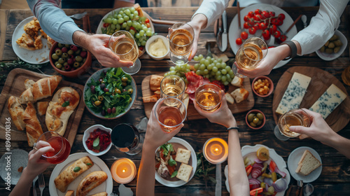 Friends Toasting Over Delicious Food And Wine At A Dinner Party