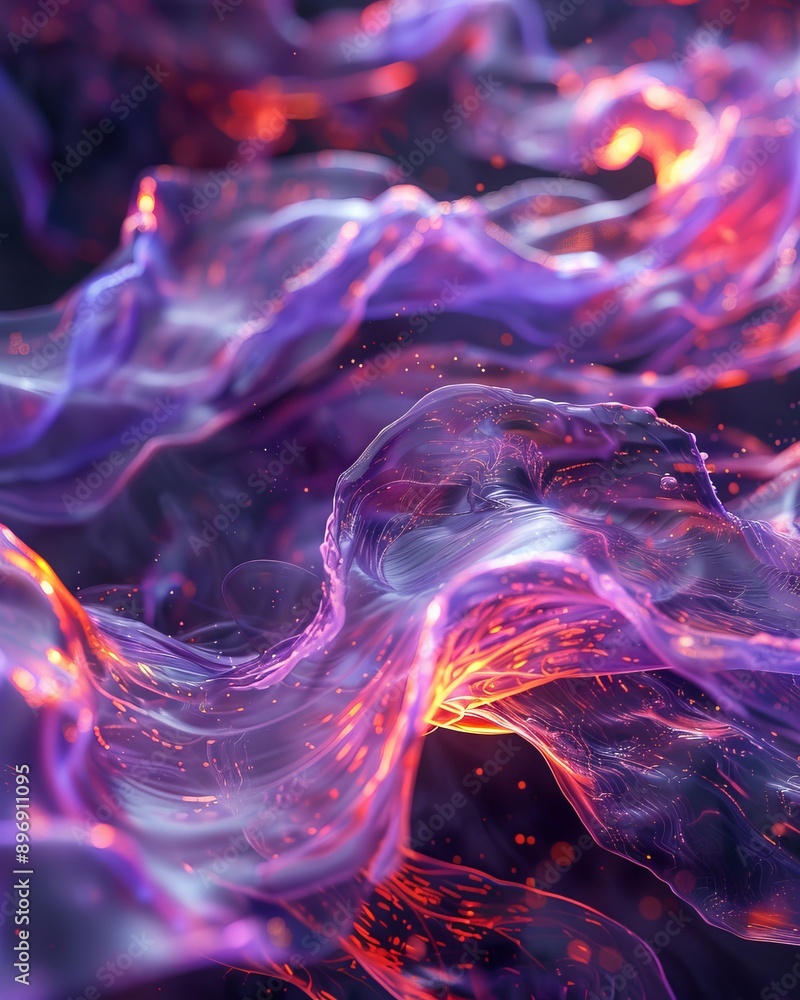 Obraz premium a close up view of a wave and hyper dimensional superfluid swirls, flowing particle streams, quantum nature-inspired shapes, dark violet and light red, unreal engine 5