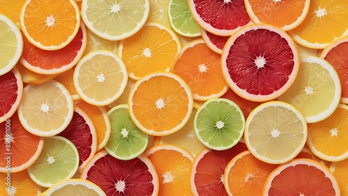 Top View Full Frame of Fresh Citrus Fruit Slices, Creating a Vibrant and Summery, Colorful full-frame background. Orange, grapefruit, lime, and lemon slices food photography abstract background.