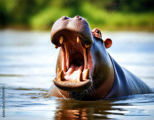 hippopotamus in the wild. looks at the camera. photo