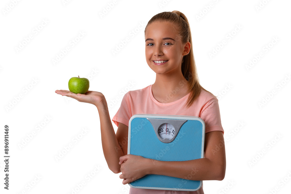 Young attractive girl showing green apple on her palm and holding weighing scale. Isolated over white background Young attractive girl showing green apple on her palm and holding weighing scale. Isolated over white background