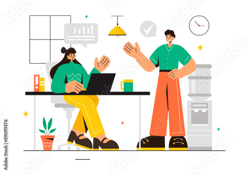 Vector Illustration of a Coworking Business with Colleagues Talking, Meeting, and Working in a Flat Style Cartoon Office Background