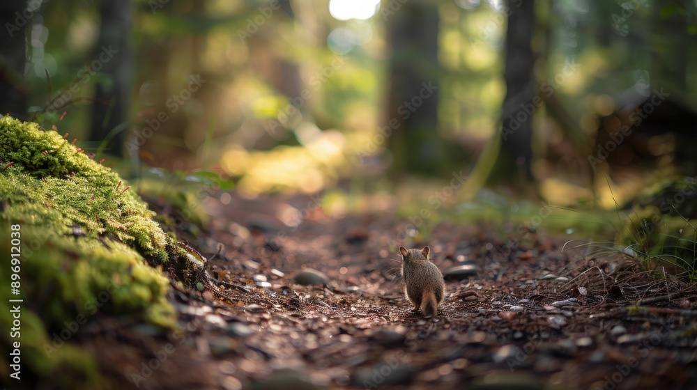 A small animal explores a serene, sunlit forest path, surrounded by vibrant greenery and soft moss. A small animal explores a serene, sunlit forest path, surrounded by vibrant greenery and soft moss.