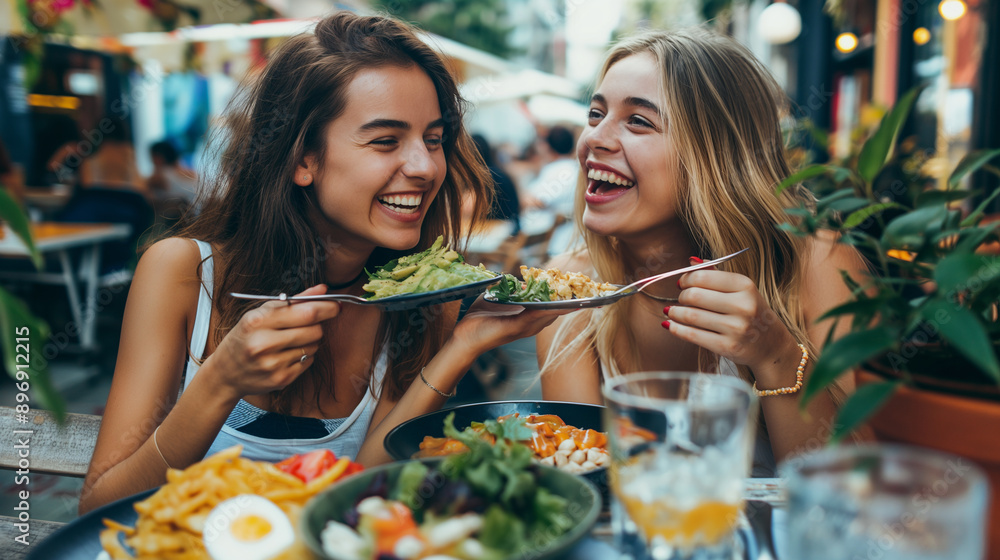 Two Women Enjoying a Delicious Meal Outside at a Restaurant Two Women Enjoying a Delicious Meal Outside at a Restaurant