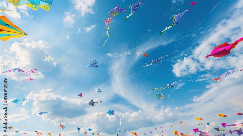 Colorful kites soaring high in a bright blue sky, creating a vibrant and joyful atmosphere on a sunny day. Colorful kites soaring high in a bright blue sky, creating a vibrant and joyful atmosphere on a sunny day.