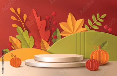 3d autumn sale background with product podium. Fall banner for Thanksgiving season discount and promo. Red wall in studio with orange leaves, pumpkin and berry. Papercut wave showcase illustration