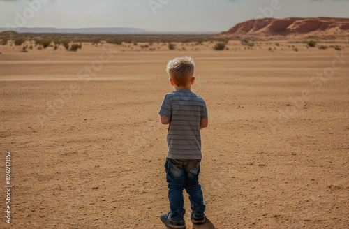 The boy stands in the middle of the desert with his back to the camera and looks at the arid area. the global problem of water scarcity in some areas of the planet