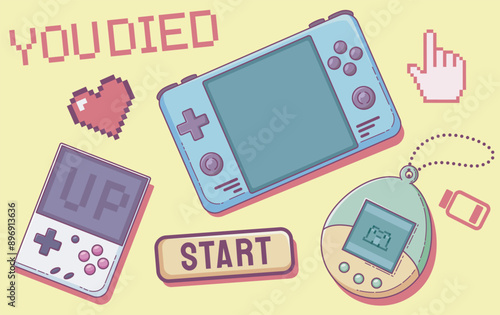 Cute girl gamer retro print. Kawaii pixel y2k set. 90s graphic design with geek gamepad, low energy icon, start game button and tamagotchi. Simple woman aesthetic with text and play art illustration