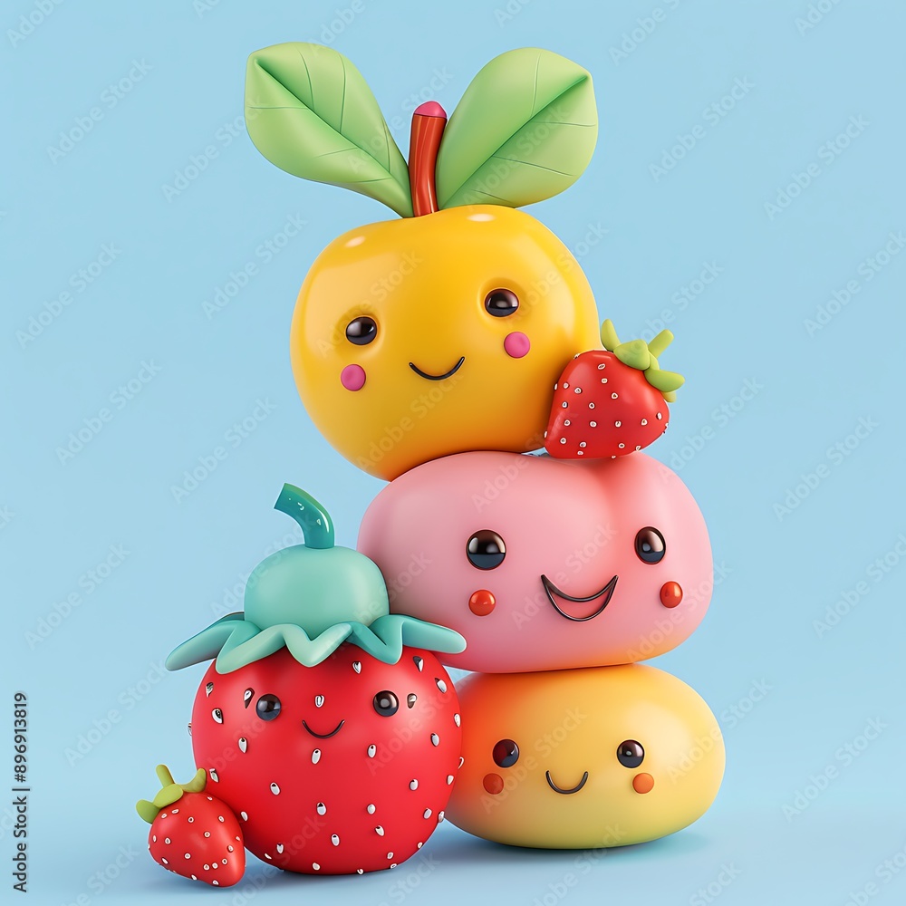 Obraz premium Stack of Smiling Cartoon Fruit with Blue Background