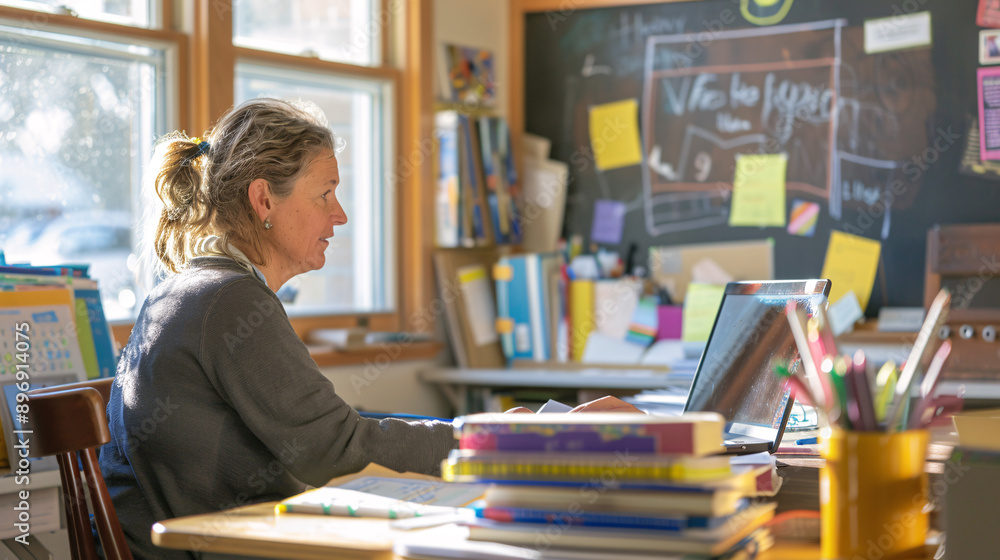 A Dedicated Teacher in a Bright ClassroomAn Organized Desk with Educational MaterialsEngaging Lesson Plansand a Nurturing Learning Environment