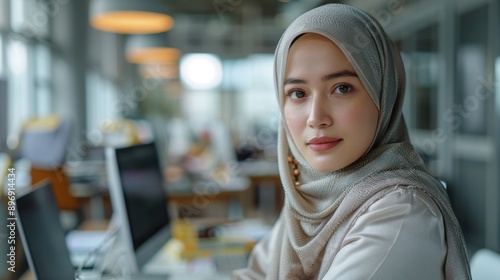 Mid-aged Muslim woman, bright white workspace, using multiple screens, engaged in work, business portrait.