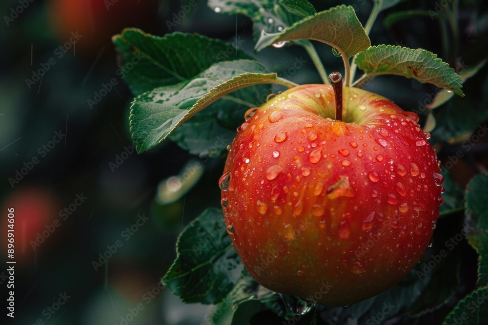 Closeup of a ripe red apple with dew drops on its surface, nestled among green leaves Closeup of a ripe red apple with dew drops on its surface, nestled among green leaves