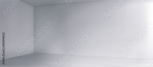 Empty grey house or office room interior with walls, ceiling and floor. Corner view on white studio box inside background. 3d realistic vector illustration of light clean inner container mockup.