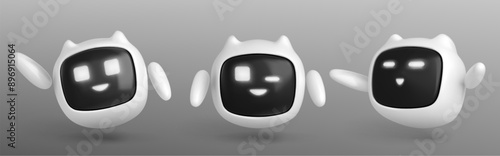 Cute friendly robot with different face emotions on digital screen. Realistic 3d vector illustration set of ai chat bot character for support service. Virtual assistant artificial intelligence mascot.