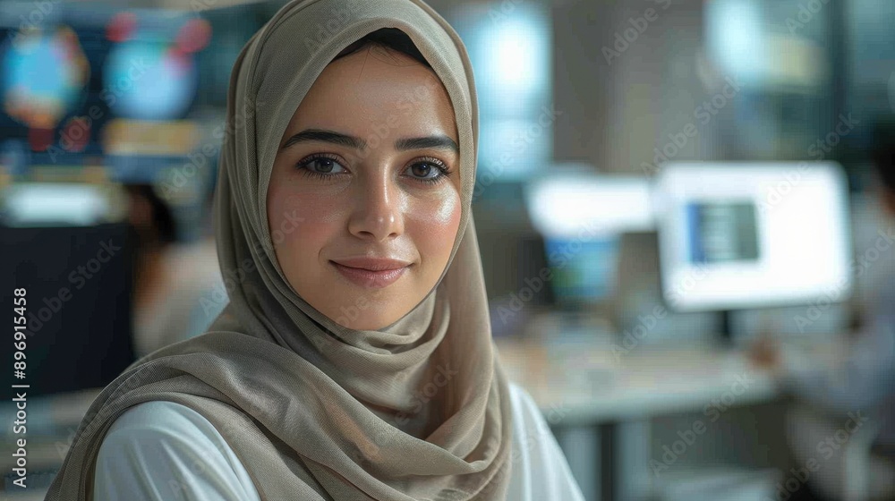Mid-aged professional Muslim hijab woman, bright white workspace, seated at desk, looking into the camera, multiple digital screens behind her. Mid-aged professional Muslim hijab woman, bright white workspace, seated at desk, looking into the camera, multiple digital screens behind her.