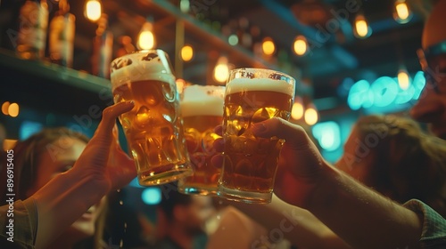 Wallpaper Mural Close-up Group of People Holding Beer and Cheer in Restaurant. They Enjoying with Night Party Together. Party, Lifestyle, Happiness, Cheerful and Celebration Concept. Torontodigital.ca