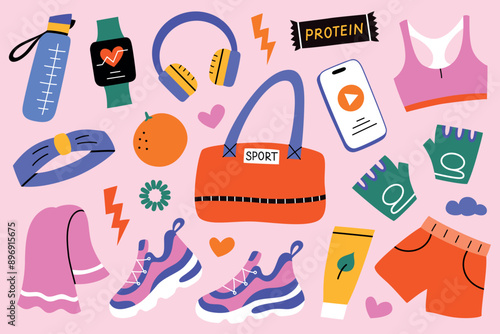 Set of fitness and sport accessories for women, gym bag, shoes, clothing, and equipment. Vector illustration in flat style, for active female lifestyle and workout themes