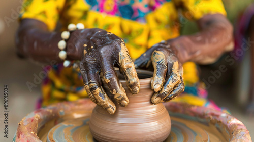 Process of making clay pot on pottery wheel, potter African American hands creating ceramic handcrafts, ceramist molding jar or vase cup. Pottery lesson master class for adult creative hobby concept photo