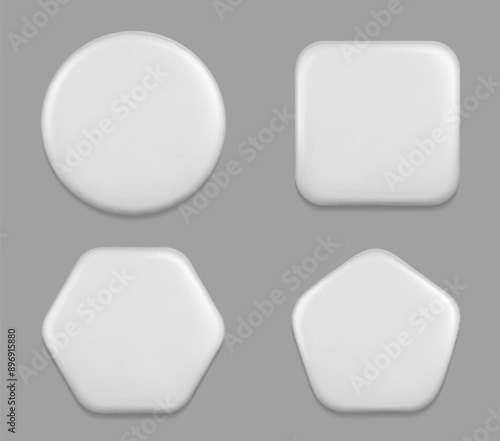 White blank pin badge mockup for promotion and advertising. Glossy brooch tag with of different shapes - round and square, hexagon and pentagon. 3d realistic vector set of empty merch template.