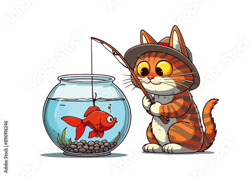 A cartoon of a cat fishing for a goldfish in a fishbowl