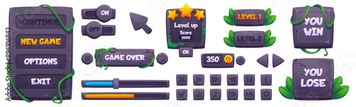 Game ui design kit of borders, plates and buttons with stone texture and jungle liana vines and green leaves. Cartoon vector grey rock frames and interface boxes with greenery on white background.