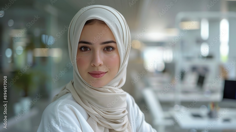 Professional mid-aged Muslim hijab woman, clean white office, sitting on office desk, seeing in camera, multiple digital screens behind her, ultra-wide angle shot. Professional mid-aged Muslim hijab woman, clean white office, sitting on office desk, seeing in camera, multiple digital screens behind her, ultra-wide angle shot.