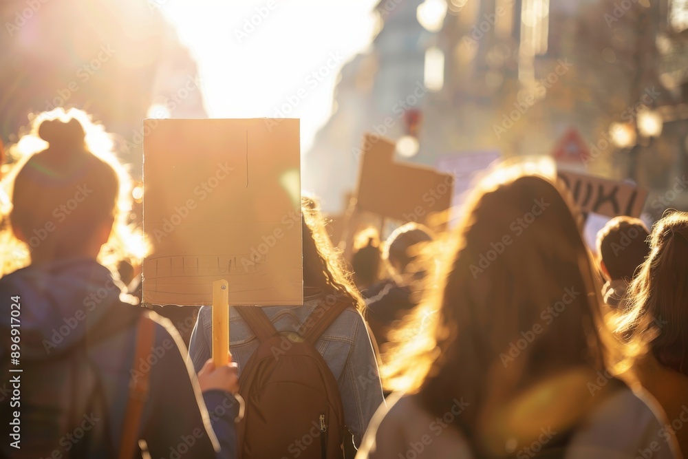 Fototapeta premium Sunlit Protest with Youth Holding Signs