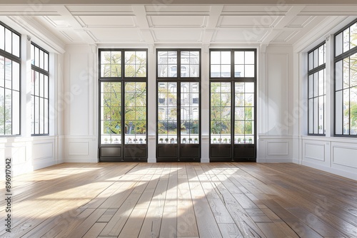 White interior with large windows and wooden floor.