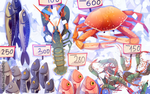 Fresh raw seafood on ice with price tags. Cartoon vector illustration of top view on different fish and lobster, crab and shrimps ready for cooking. Refrigerated ocean food on market showcase.